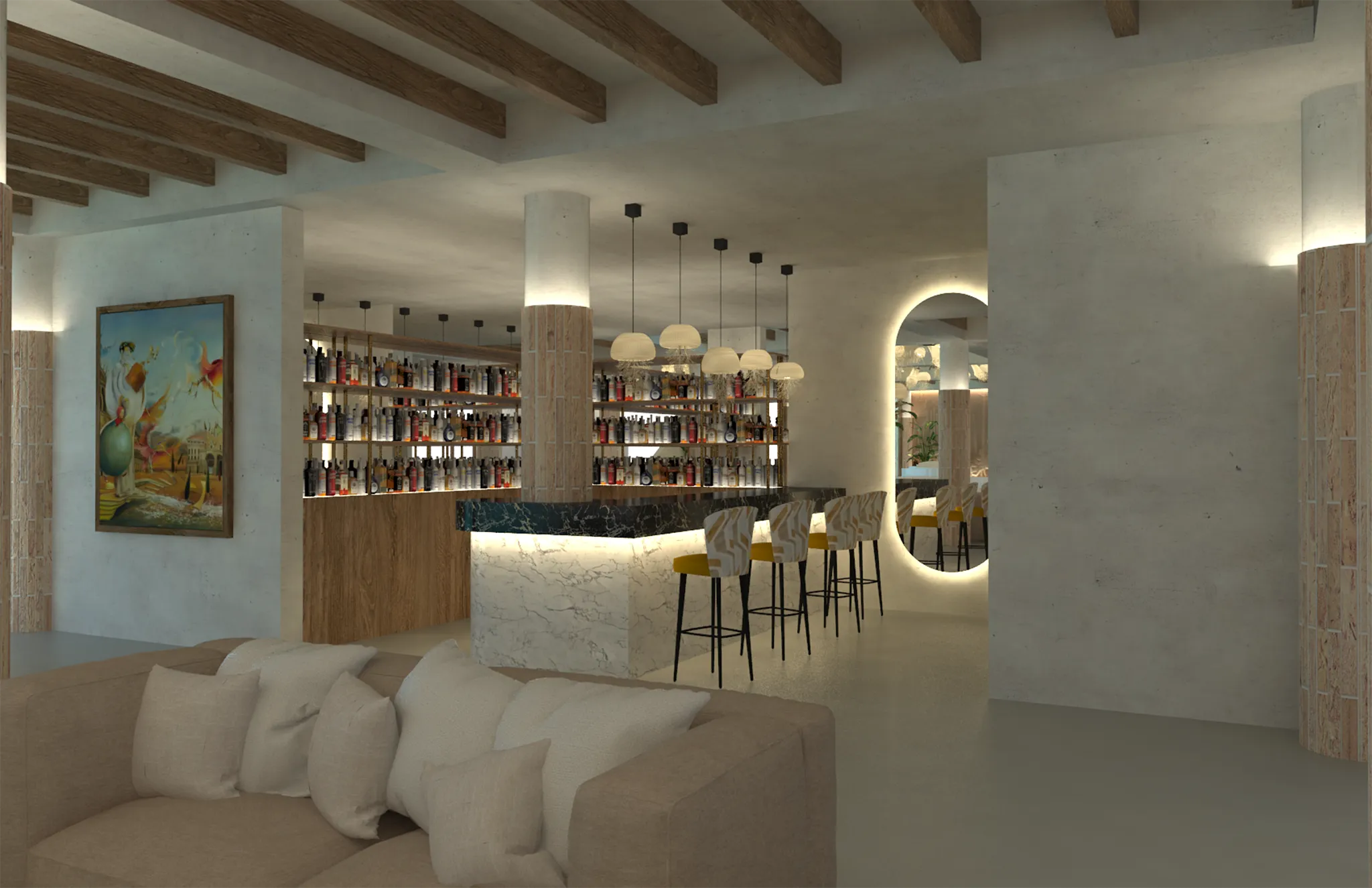 Casa Lobby Bar at Zoëtry Villa Rolandi Isla Mujeres featuring a serene indoor lounge, elegant seating, and relaxing ambiance for daytime drinks.