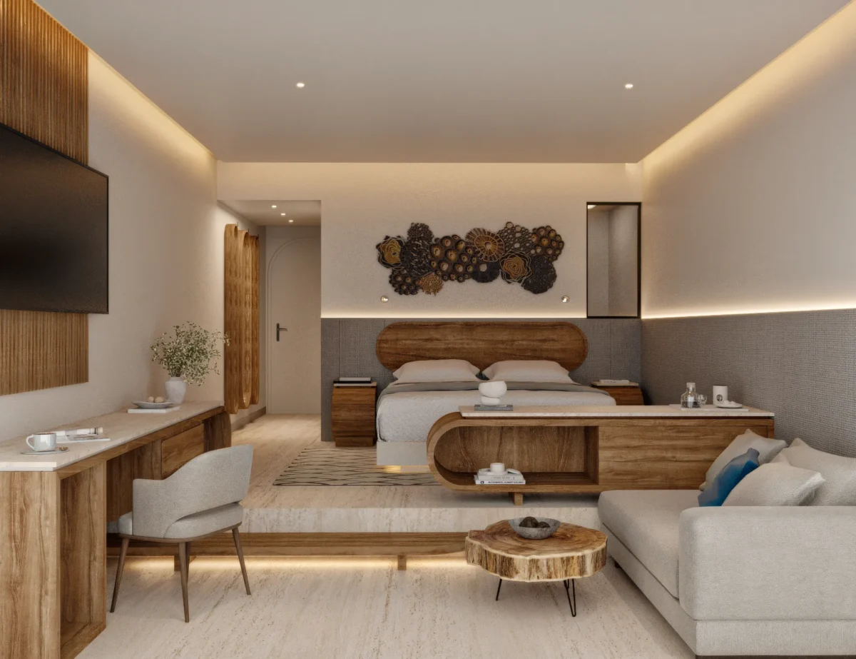 Junior Suite Veranda Oceanfront with king bed, sofa seating area, and modern wood furnishings at Zoëtry Villa Rolandi Isla Mujeres.