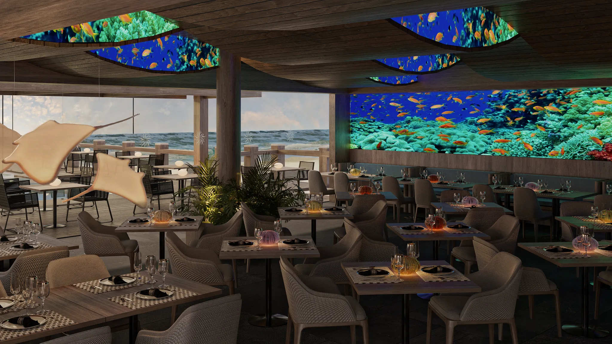 Le Métissage restaurant at Zoëtry Villa Rolandi Isla Mujeres featuring elegant fine dining and French-Mexican fusion cuisine in an intimate setting.