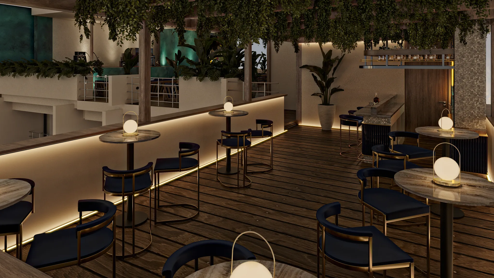 Rooftop Bar at Zoëtry Villa Rolandi Isla Mujeres featuring an open-air terrace, ocean views, and stylish evening cocktail setting.