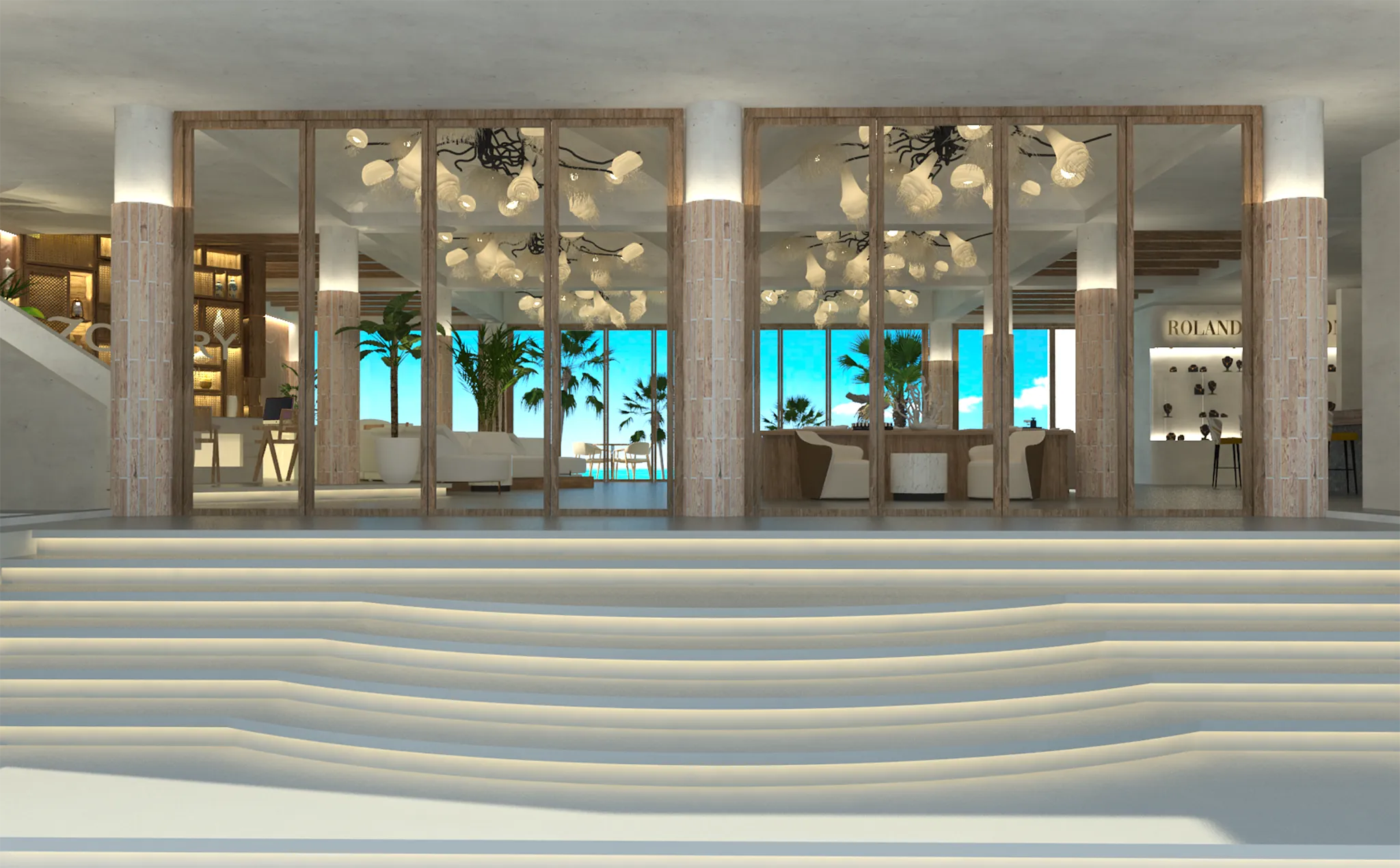 Modern open-air lobby entrance with ocean views and tropical design at Zoëtry Villa Rolandi Isla Mujeres.