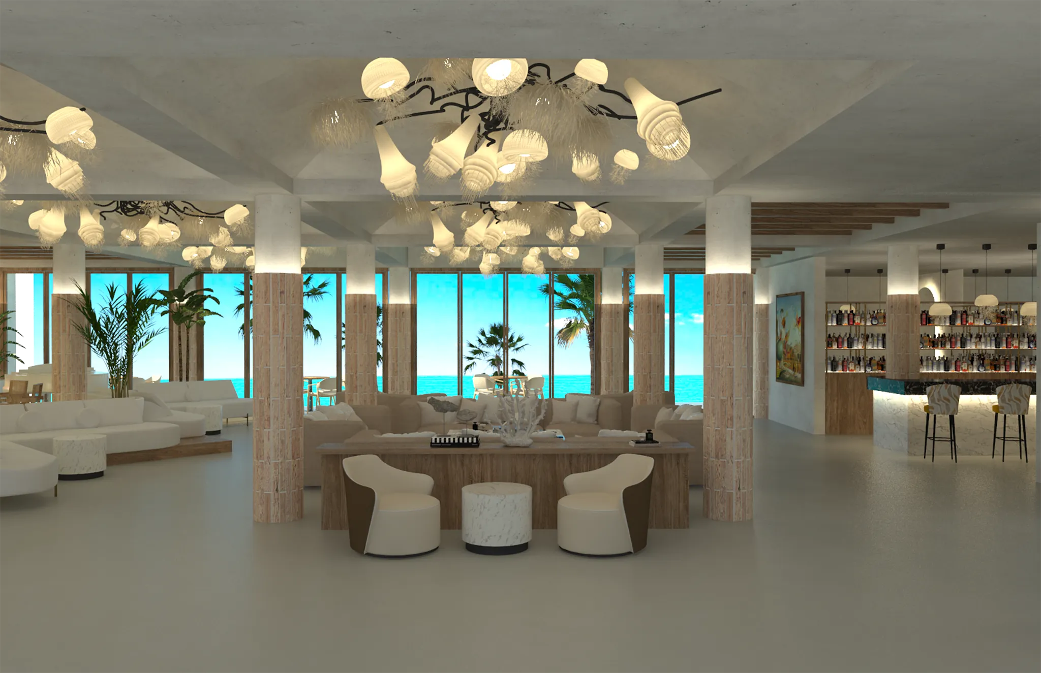 Elegant lobby interior with modern lighting, lounge seating, and ocean views at Zoëtry Villa Rolandi Isla Mujeres.